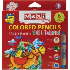 Олівці кольорові Maxi Multi-Talented 3 в 1, 6 кольорів з чинкою, круглі (MX15171)