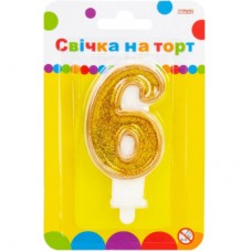 Свічка Maxi золотиста двостороння з блискітками "6", 7,62 см, на торт (MX622083-6)