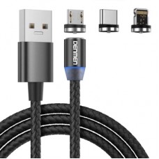 Дата кабель USB 2.0 AM to Lightning + Micro 5P + Type-C magnetic black Denmen (DN-D09E-BK)