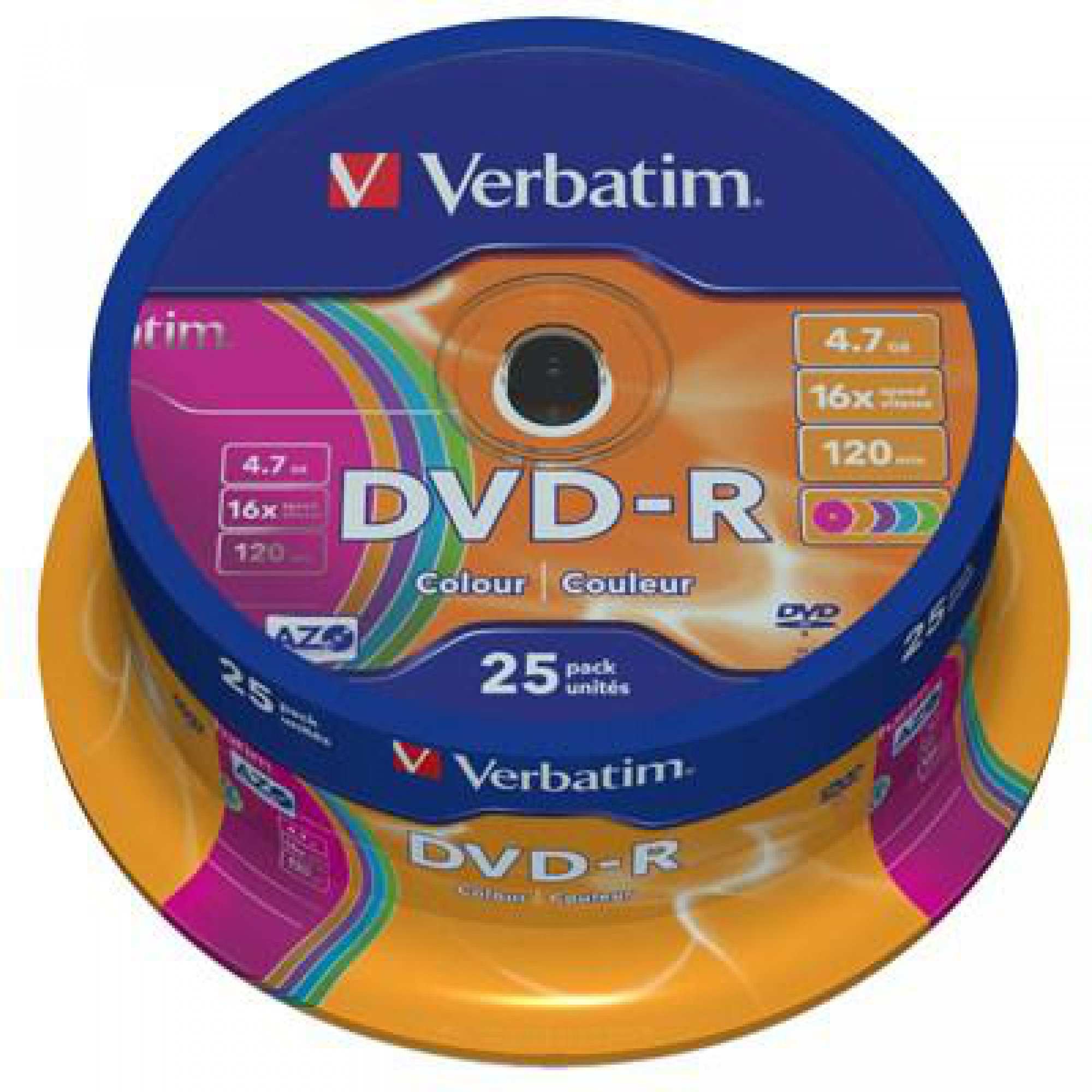 Диск DVD Verbatim 4.7Gb 16X CakeBox 25шт COLOUR (43732)